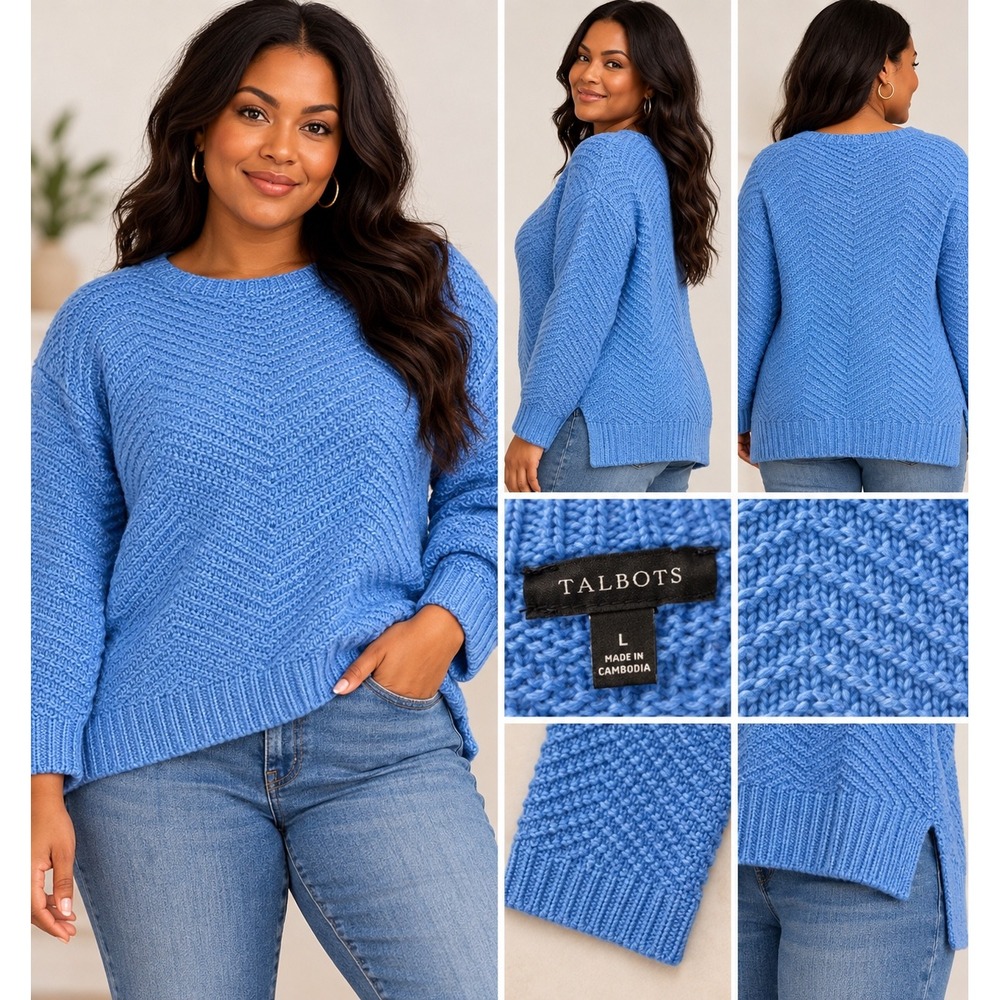 Talbots Sweater Blue Chevron Textured Knit Crew Neck High Low Hem Large